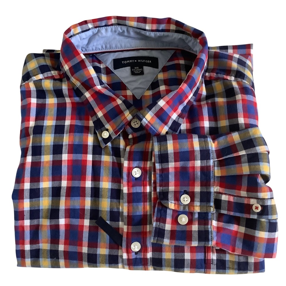 Tommy Hilfiger Mens XXL Plaid Button Down Shirt Long Sleeve Red Blue Multicolor